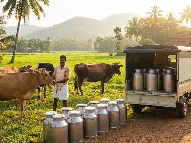 Aayan Milk farm — cows and fresh milk cans ready for morning delivery